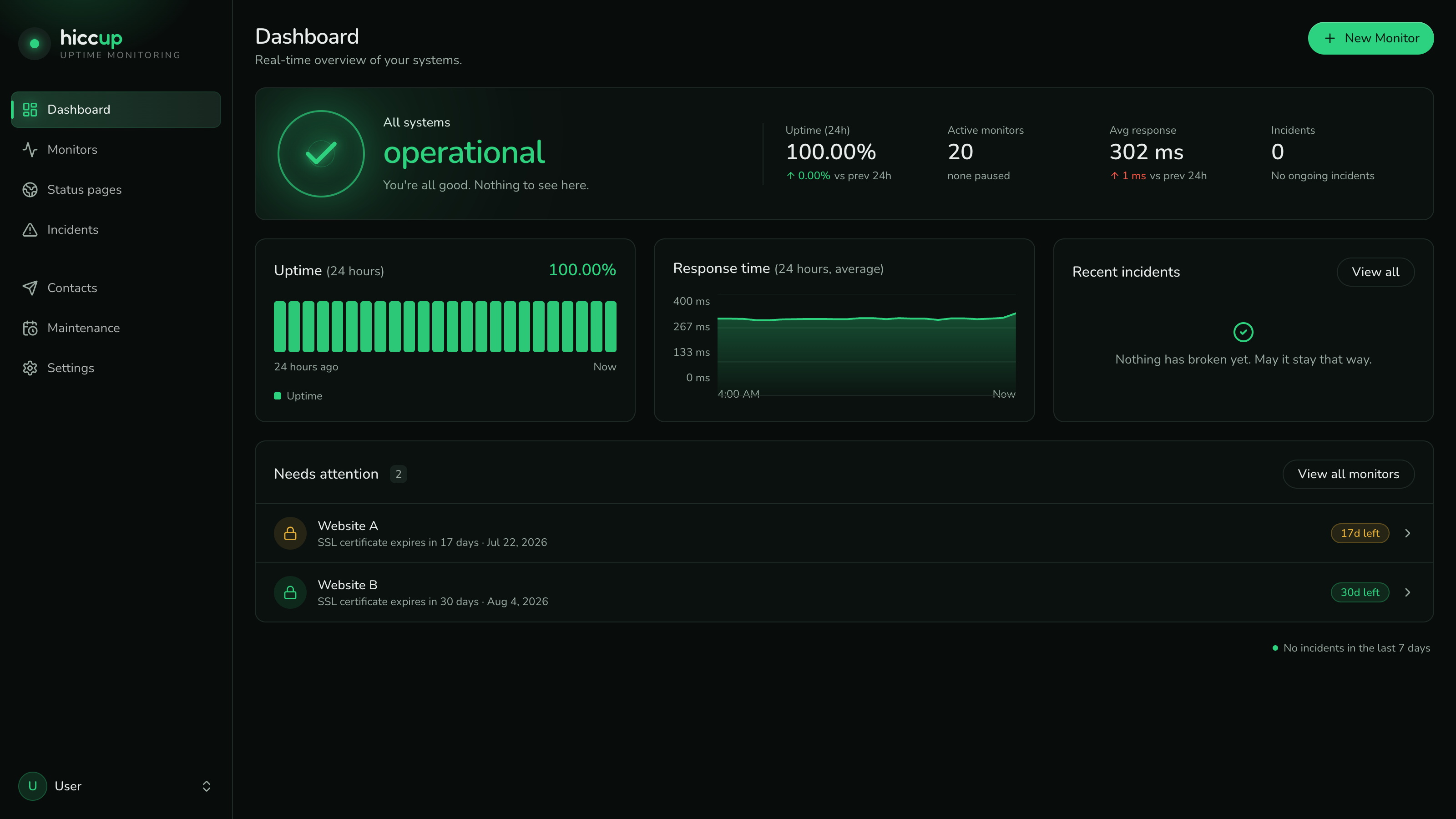 Hiccup dashboard showing uptime, response times, and monitors needing attention